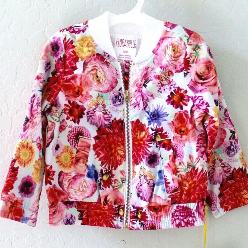 Florabelle Long Sleeve Floral Zip Bomber Jacket Size 18M - White/Pink